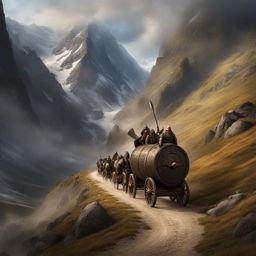 dwarven fighter,hargin swiftaxe,leading a caravan,through treacherous mountain passes full color photography, high fantasy, photo-realism, hyperrealistic/ultrarealistic/photorealistic