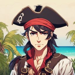Mischievous pirate on a deserted island.  front facing ,centered portrait shot, cute anime color style, pfp, full face visible