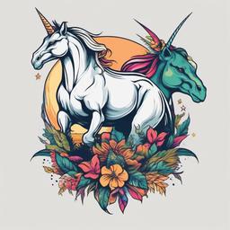 Dinosaur and Unicorn Tattoo - Combine mythical elements with a tattoo featuring both a dinosaur and a unicorn.  simple vector color tattoo,minimal,white background