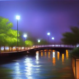 water cafe at night draw in oil paint style