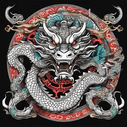 chinese style dragon full color on top with ram face horoscope style down the dragon on black and withe.  ,tattoo design, white background