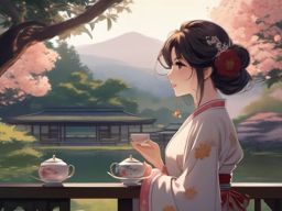 Elegant anime girl in a traditional tea garden. , aesthetic anime, portrait, centered, head and hair visible, pfp