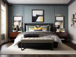 Urban Chic master bedroom features practical furniture, a mix of modern and vintage decor, and an efficient layout that maximizes style and function.  