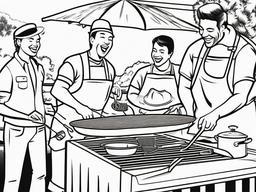 Barbecue grill with food cooking and friends laughing  simple coloring pages