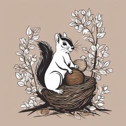 Squirrel clipart - squirrel building a nest in a tree  color,minimalist,vector clipart