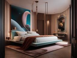 In the bedroom, surrealist interior design showcases a floating bed, eclectic artwork, and unexpected textures that transform the space into a fantastical sanctuary for rest.  