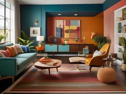 Mid-century modern living room features retro-inspired sofas, wooden accent tables, and vibrant area rugs, creating a fun and nostalgic vibe.  