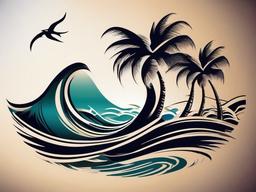 Palm Tree Wave Tattoo - Features palm trees and waves, evoking a sense of relaxation and a tropical atmosphere.  simple tattoo design