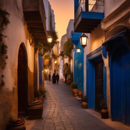 tangier, morocco - create a night scene in tangier's historic medina, where narrow alleyways and bustling markets come to life after dark. 