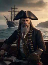 Retired pirate captain seeks redemption by aiding a coastal town against a menacing sea monster.  8k, hyper realistic, cinematic