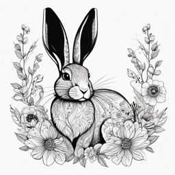 Rabbit adorned with floral details ink. Whimsical blooms in art.  minimalist black white tattoo style