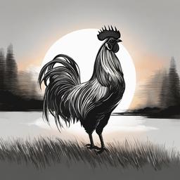 drawing of a rooster crowing at sunrise  minimal rough sketch scribbles,doodles,black and white