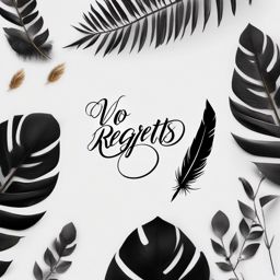 No Regrets Tattoo-No Regrets tattoo in elegant script with a feather quill as a decorative element. Colored tattoo designs, minimalist, white background.  color tattoo style, minimalist, white background