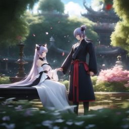 inu x boku ss,ririchiyo shirakiin,forming an unbreakable bond with her loyal bodyguard,a tranquil garden detailed matte painting, deep color, fantastical, intricate detail, splash screen, complementary colors, fantasy concept art, 8k resolution trending on artstation unreal engine 5