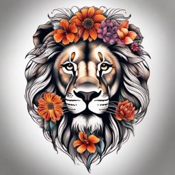 Flower lion tattoo, Creative tattoos that combine the strength of lions with the beauty of flowers. , color tattoo designs, white clean background