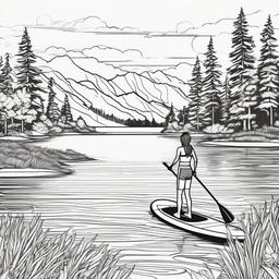 Paddleboarding on a serene lake  simple coloring pages