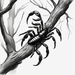 drawing of a scorpion on a tree branch  minimal rough sketch scribbles,doodles,black and white