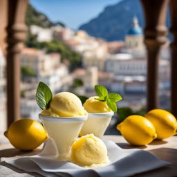 sorbetto al limone, italian lemon sorbet, relished on a sunny terrace overlooking the amalfi coast. 