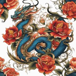 Flower dragon tattoo, Tattoos featuring the beauty of dragons intertwined with flowers.  color, tattoo style pattern, clean white background