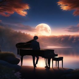shigatsu wa kimi no uso,kousei arima,delivering a heartfelt piano performance to an enchanted audience,a moonlit lakeside detailed matte painting, deep color, fantastical, intricate detail, splash screen, complementary colors, fantasy concept art, 8k resolution trending on artstation unreal engine 5