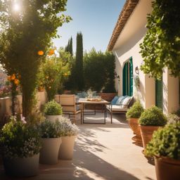 Sunny Mediterranean Terrace - Capture the sunny vibe of the Mediterranean with a terrace garden. realistic, professional photography, bokeh, natural lighting, canon lens, shot on dslr 64 megapixels sharp focus