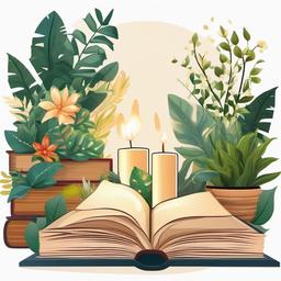 Book clipart - book surrounded by plants and candles  