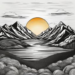 Sun clipart - setting behind a mountain  minimal rough sketch scribbles,doodles,black and white