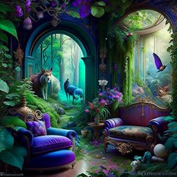 enchanted garden living room with mystical creatures in paintings and sculptures. 