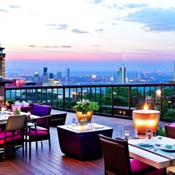 rooftop restaurant, dining with a view of the city skyline while enjoying gourmet cuisine. 