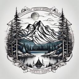Mountain camping lake  ,tattoo design, white background