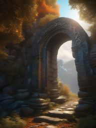 Enigmatic stone archway, covered in age-worn runes, serves as a gateway to the realms of mystery and magic, beckoning the curious to cross its threshold. hyperrealistic, intricately detailed, color depth,splash art, concept art, mid shot, sharp focus, dramatic, 2/3 face angle, side light, colorful background