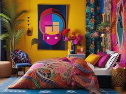 Maximalist bedroom showcases vibrant colors, bold patterns, and eclectic decor that invite creativity and personality into the space.  