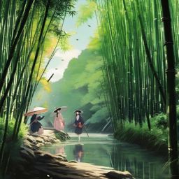 Anime Background - Anime Characters in Kyoto's Arashiyama Bamboo Forest  , splash art wallpaper, dull colors