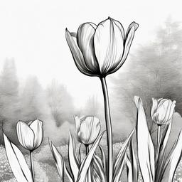 drawing of a tulip in a garden  minimal rough sketch scribbles,doodles,black and white