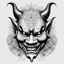 Hannya Mask Tattoo Black and White - A monochromatic Hannya mask tattoo, emphasizing the expressive features in black and white.  simple color tattoo,white background,minimal