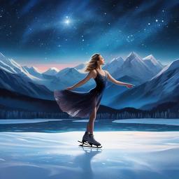 Female figure skater on frozen lake surrounded by crystal mountains at starry night.