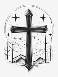 drawing of a cross surrounded by stars  minimal rough sketch scribbles,doodles,black and white