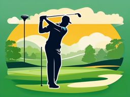 Golf Course Fairway Swing Clipart - A golfer swinging a club on a fairway.  color vector clipart, minimal style