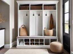 Minimalist mudroom includes a simple bench with clean lines, neutral colors, and efficient storage solutions, ensuring an uncluttered and functional entryway.  