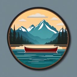 Mountain Lake and Canoe Emoji Sticker - Tranquil waters beneath towering peaks, , sticker vector art, minimalist design