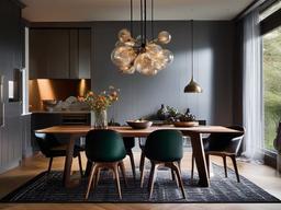 Contemporary dining room with a Crate & Barrel glass dining table, Tom Dixon sculptural pendant lighting, and CB2 leather dining chairs.  