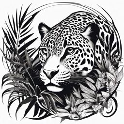 Jaguar Tattoo - Fierce jaguar lurking in the jungle shadows  few color tattoo design, simple line art, design clean white background