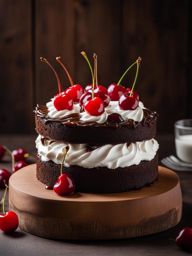 black forest cake with cherries and whipped cream, relished at a romantic chalet. 