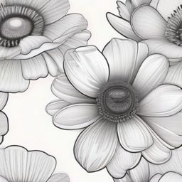 Black and white Poppy, Daisy, chrysanthemum bouqet ,tattoo design, white background