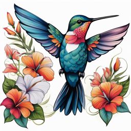 Hummingbird tattoo with flowers, Tattoos featuring hummingbirds alongside floral elements.  vivid colors, white background, tattoo design