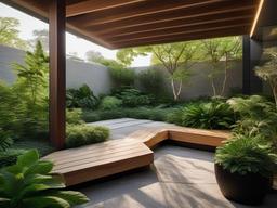 Biophilic interior design in the garden features natural stone pathways, wooden seating, and abundant greenery, creating a tranquil outdoor space for relaxation and enjoyment.  