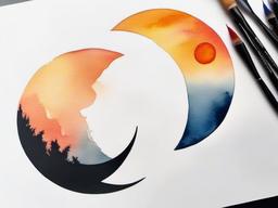 Sun And Moon Watercolor Tattoo  minimal,color tattoo,white background