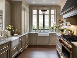 Parisian kitchen captures elegance with chic cabinetry, stylish fixtures, and small decorative touches that evoke a refined French ambiance.  