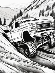 Monster Truck Roaring Downhill Coloring Pages - Trucks Speeding Down Steep Hills  minimal black outline printable sheet, coloring page