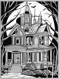 Horror Coloring Pages - Haunted house with flickering lights and broken windows  simple coloring pages